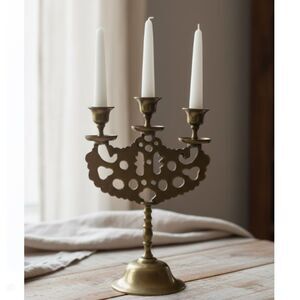 Antique Brass Judea Sabbath Double Dragon 3 Candle Candelabra Solid Brass Etched